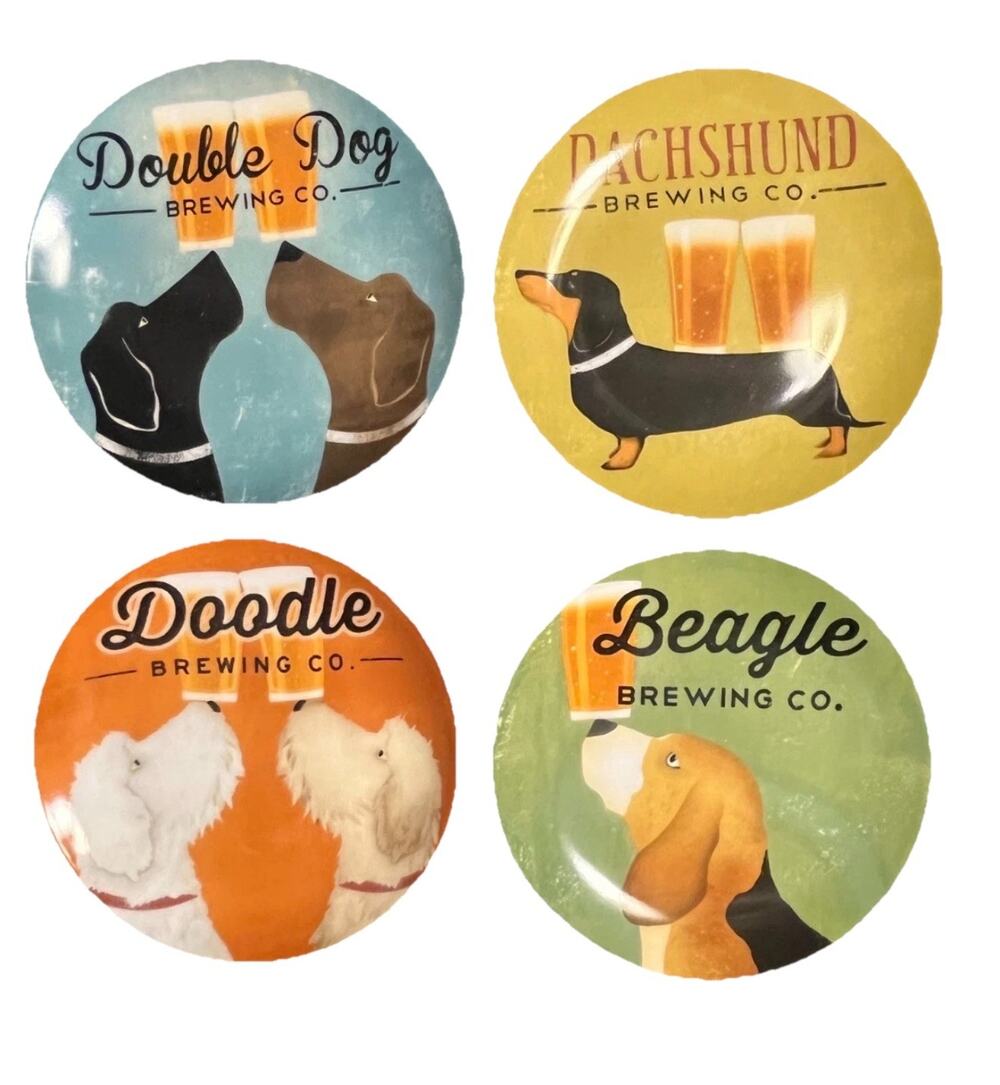 Pier 1 Imports Dog Doodle Beagle Dachshund Brewing Co. 4 Appetizer Plates BEER